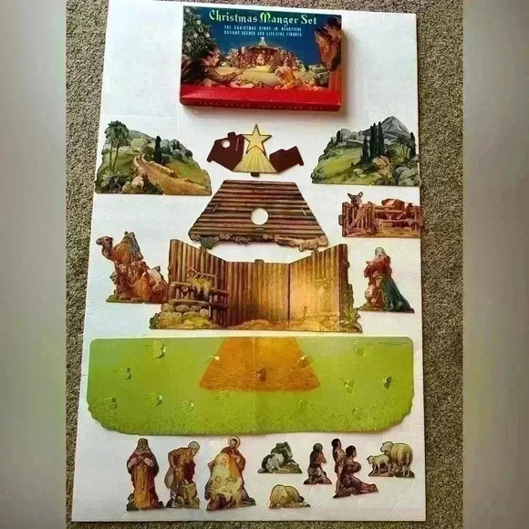 Vintage Christmas Manger Set Nativity Cardboard Cut Out Stand Up - Complete - Picture 3 of 5